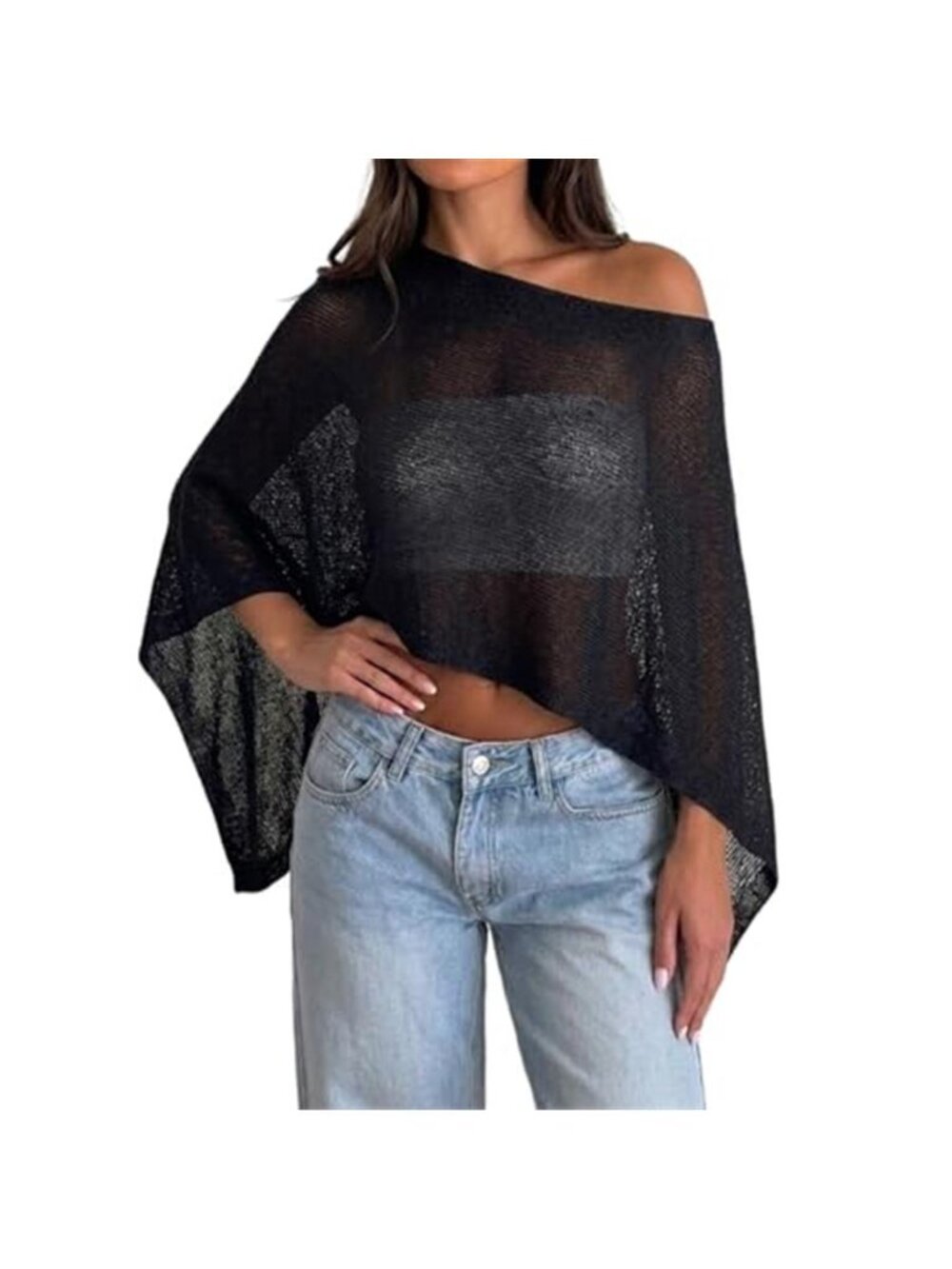 Womens Sheer Poncho Top Y2k Knitted Summer Asymmetrical Mesh Shawl Pullover